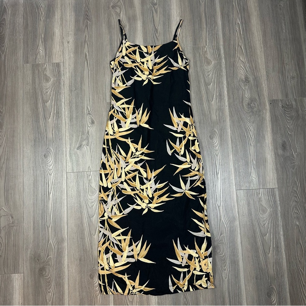 Vintage Helline Black Yellow Leaf Print Linen‎ Cotton Midi Dress Size 4